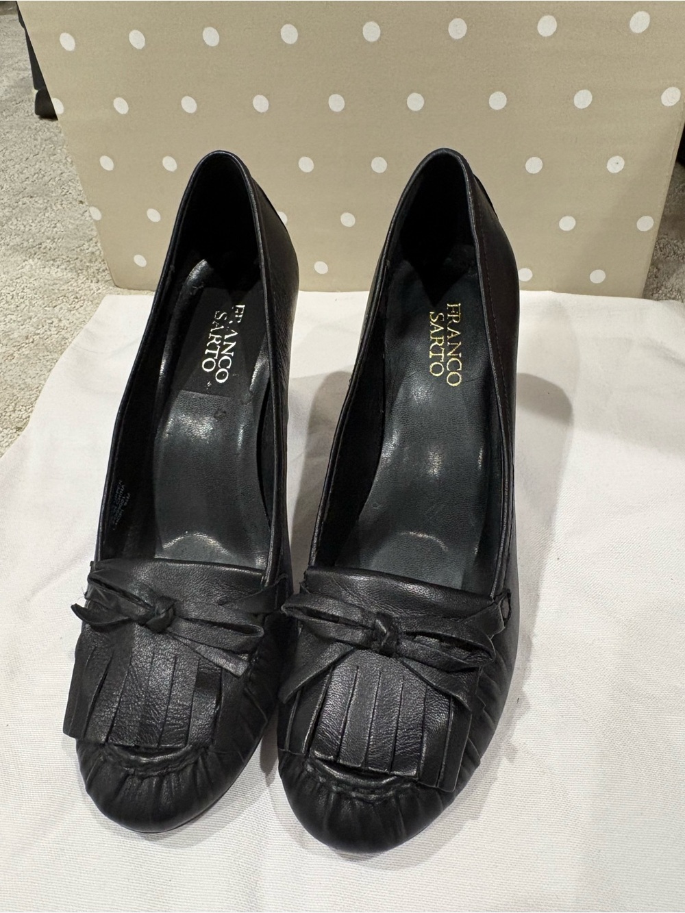 Franco Sarto Black Leather Fringe Knot Pumps